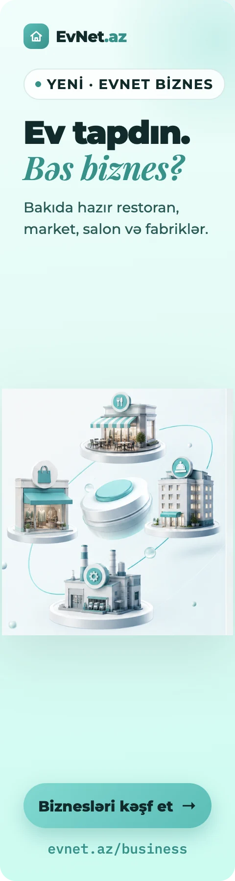 EvNet Biznes — Bakıda hazır restoran, market, salon və fabriklər